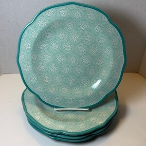 (4) Pioneer Woman Hyacinth Teal & White Medallion Dinner Plates 10.5”